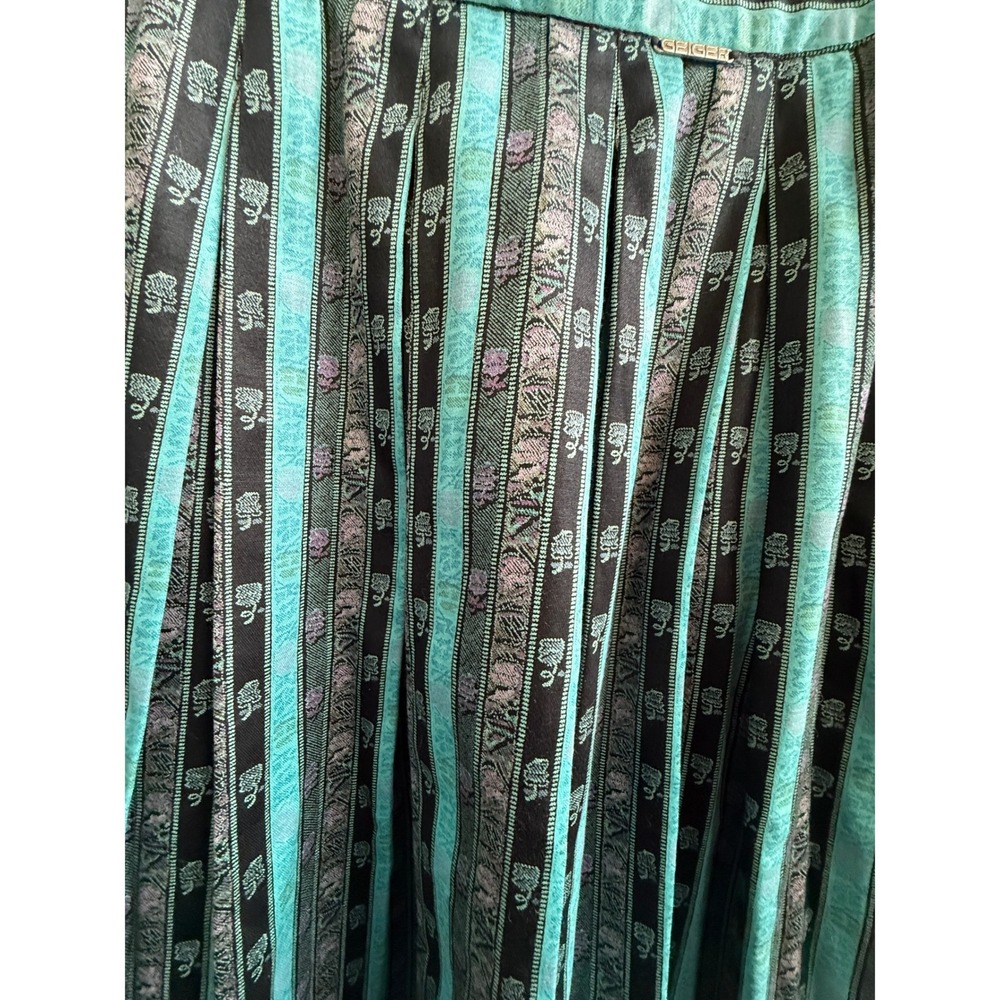 VTG‎ Geiger Teal Black Floral Striped Pleated Cotton Dirndl Skirt Size 40 - Picture 3 of 9